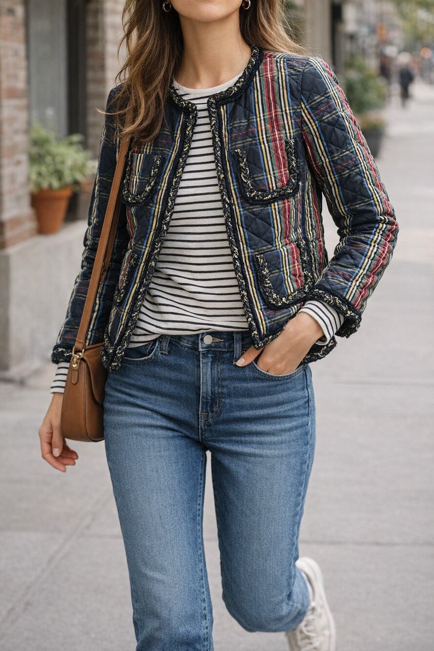 J.Crew Quilted Lady Jacket Stewart Plaid Braided Trim Collarless Size 2